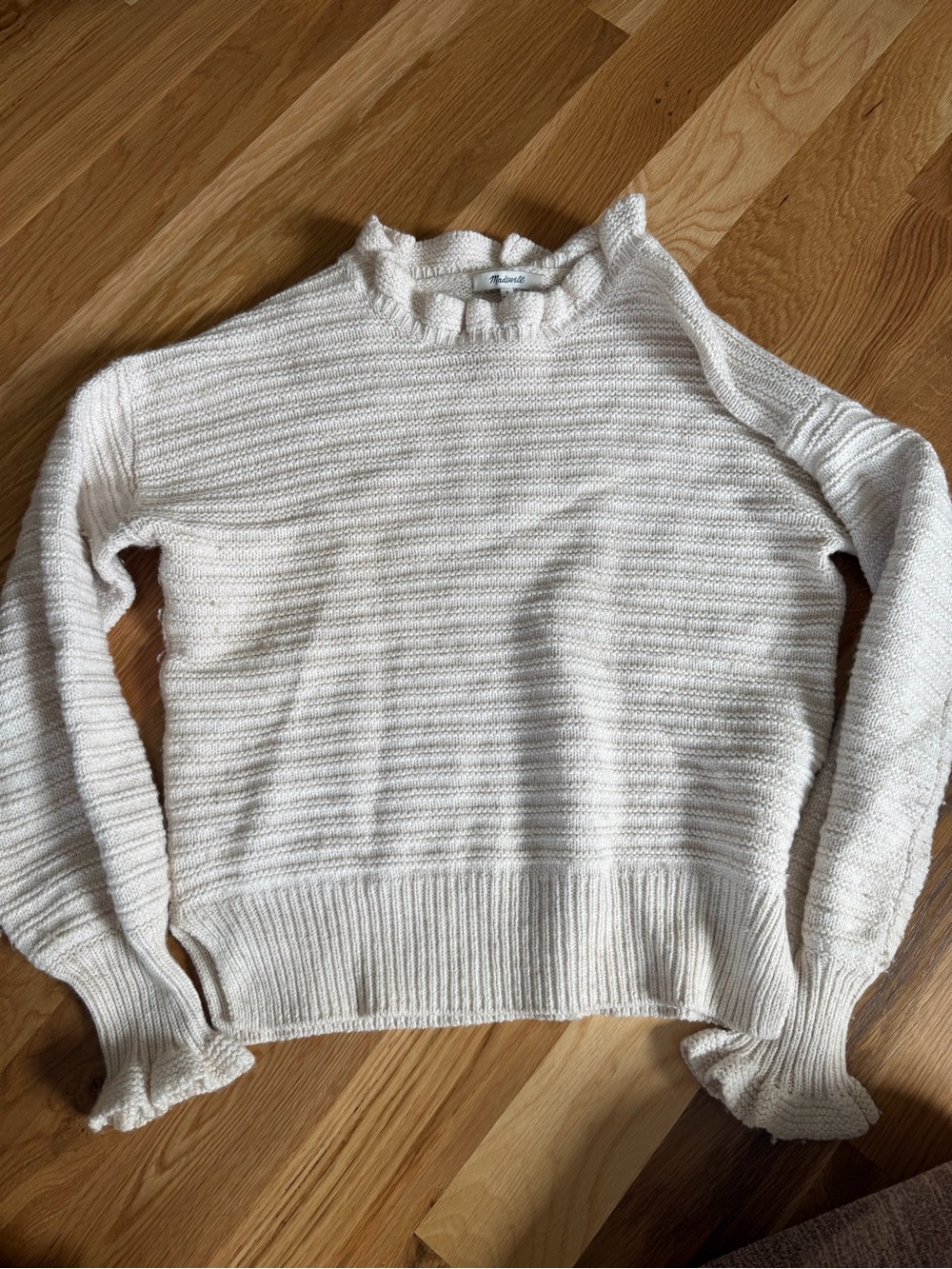 Madewell Cream Ruffle Trim Ribbed Knit Sweater